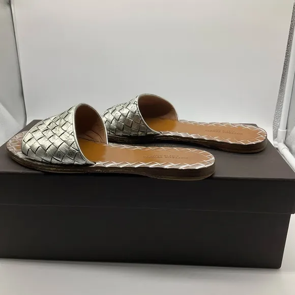 Bottega Veneta Metallic Silver Intrecciato Leather Flat Slides