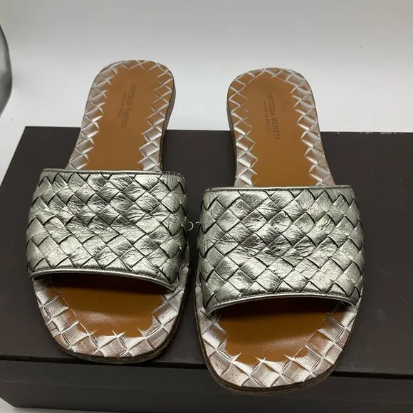 Bottega Veneta Metallic Silver Intrecciato Leather Flat Slides