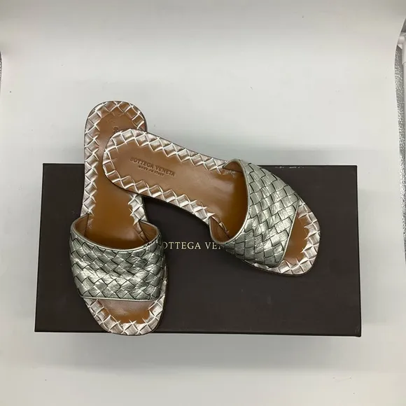 Bottega Veneta Metallic Silver Intrecciato Leather Flat Slides