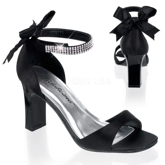 Bow Rhinestone Ankle High Heels Open Toe Black 7
