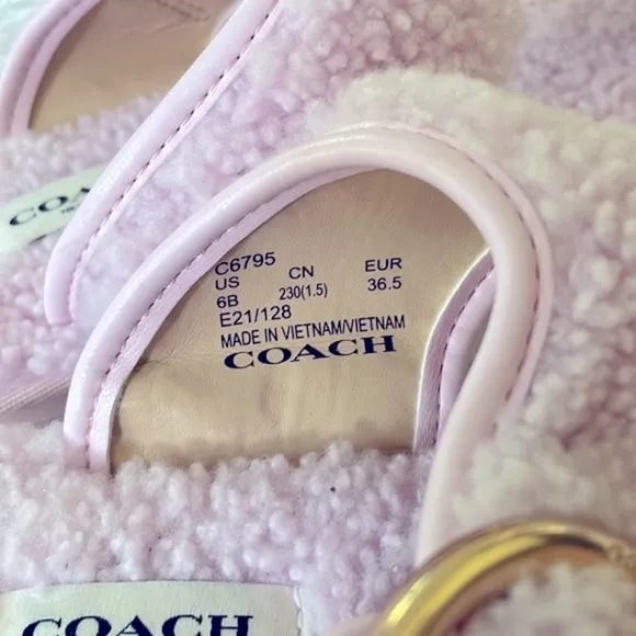 Brand New Coach Pink Shearling Hollie Flip Flop Sandal Plush Buckle Slides