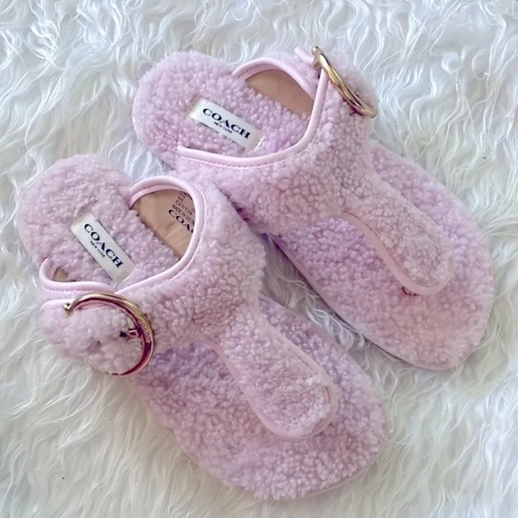 Brand New Coach Pink Shearling Hollie Flip Flop Sandal Plush Buckle Slides