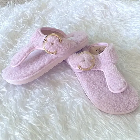 Brand New Coach Pink Shearling Hollie Flip Flop Sandal Plush Buckle Slides