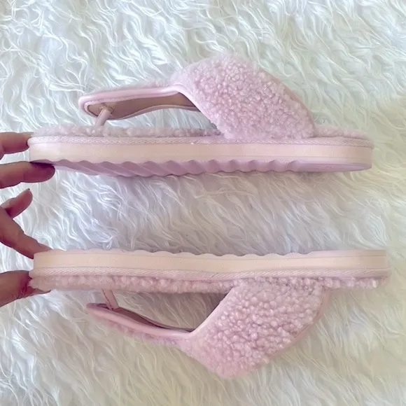 Brand New Coach Pink Shearling Hollie Flip Flop Sandal Plush Buckle Slides