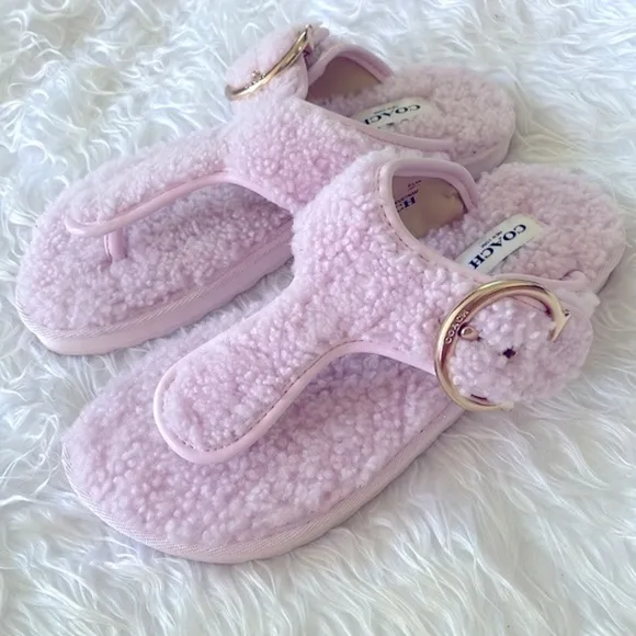 Brand New Coach Pink Shearling Hollie Flip Flop Sandal Plush Buckle Slides