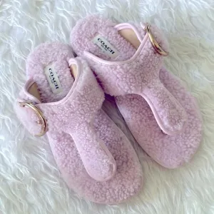 Brand New Coach Pink Shearling Hollie Flip Flop Sandal Plush Buckle Slides