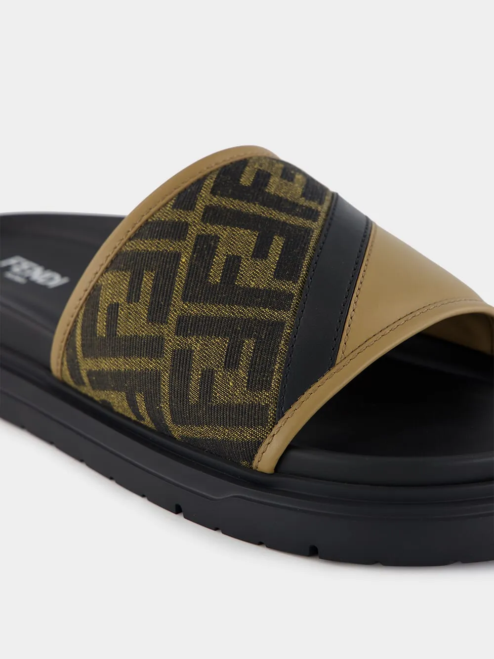Brown FF Jacquard and Beige Leather Slides