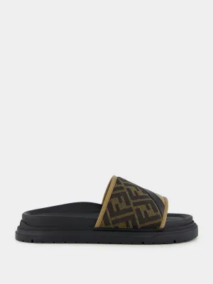 Brown FF Jacquard and Beige Leather Slides