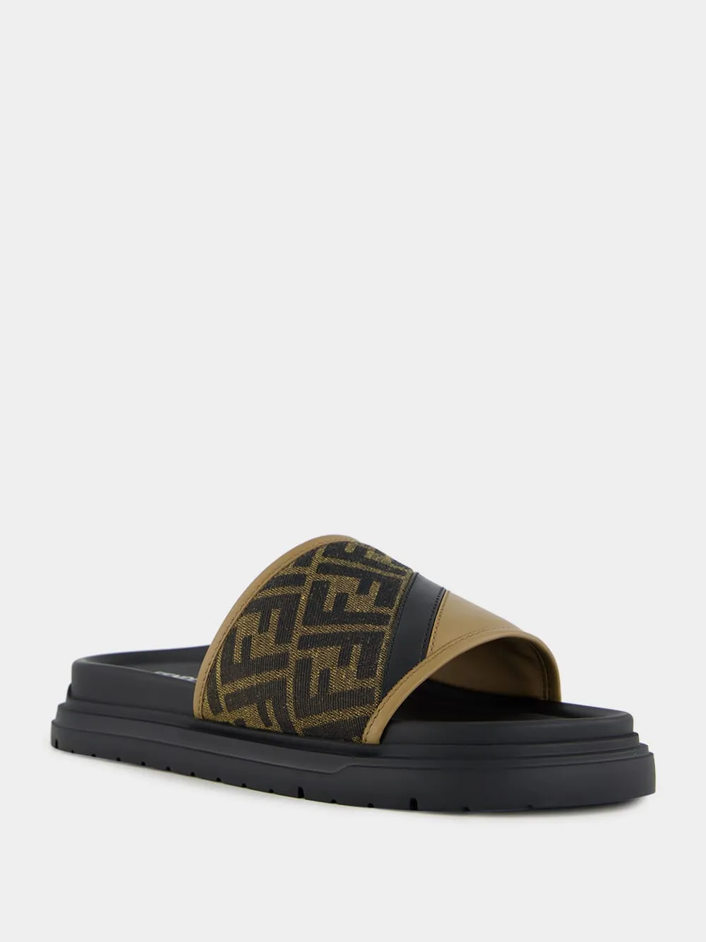 Brown FF Jacquard and Beige Leather Slides