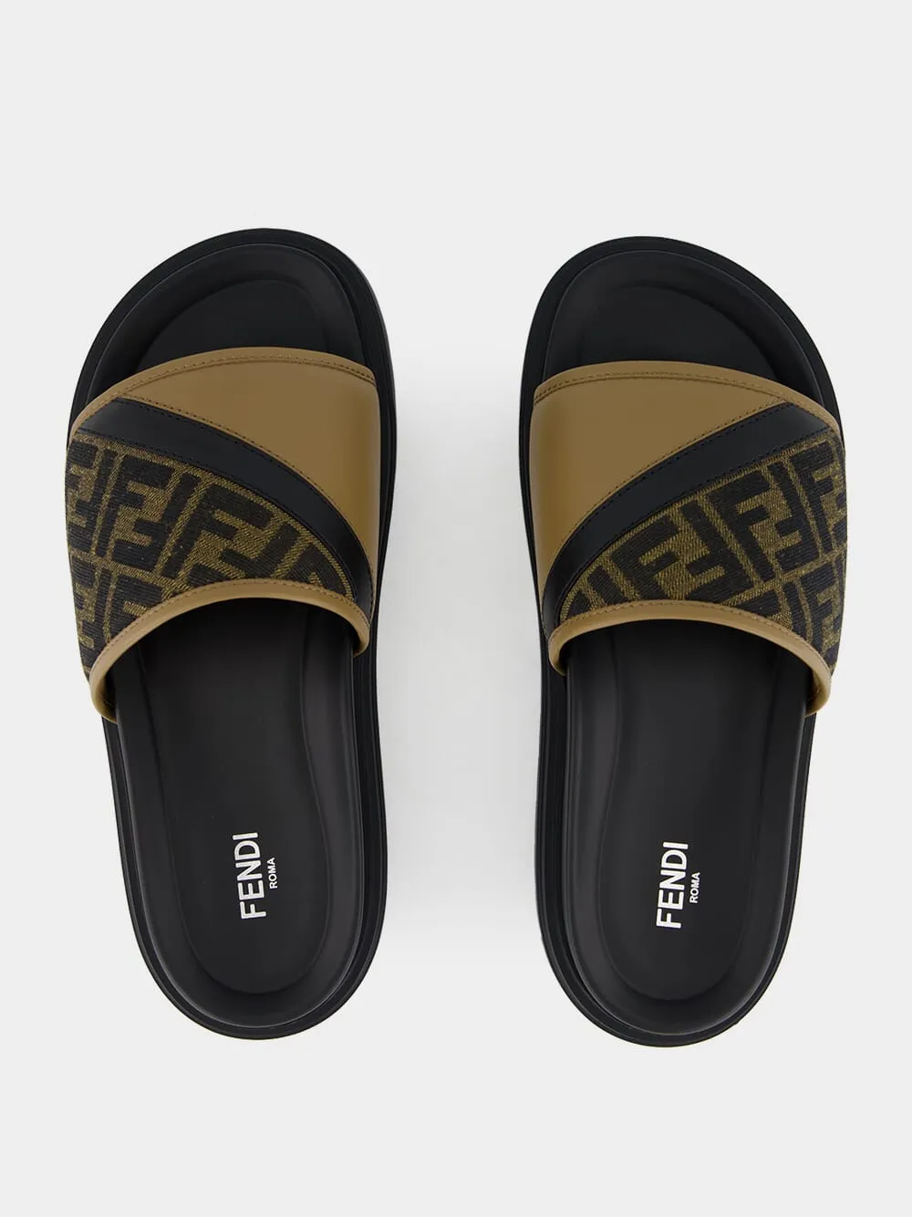 Brown FF Jacquard and Beige Leather Slides
