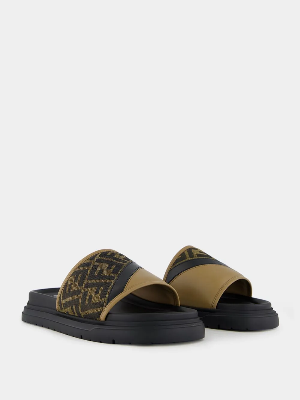 Brown FF Jacquard and Beige Leather Slides