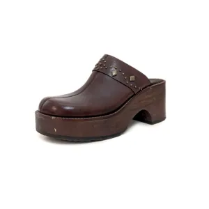 Brown Leather Chunky Wood Platform Studded Boho Clogs/Heels