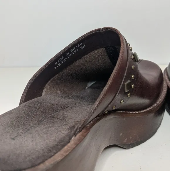 Brown Leather Chunky Wood Platform Studded Boho Clogs/Heels