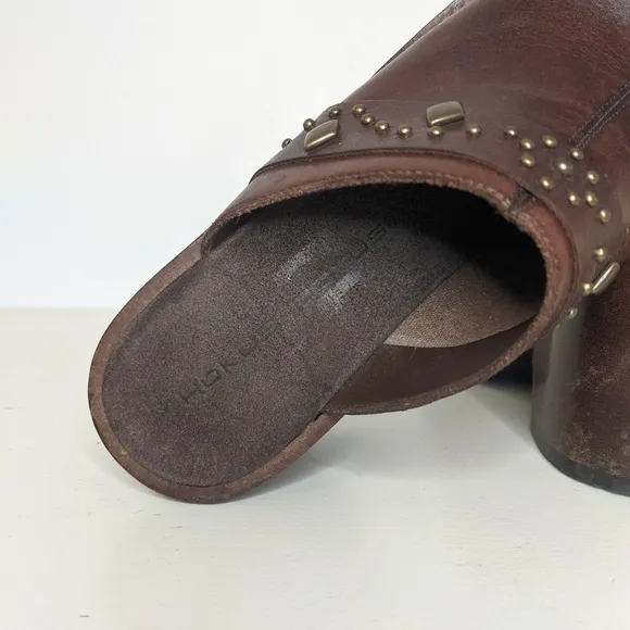 Brown Leather Chunky Wood Platform Studded Boho Clogs/Heels