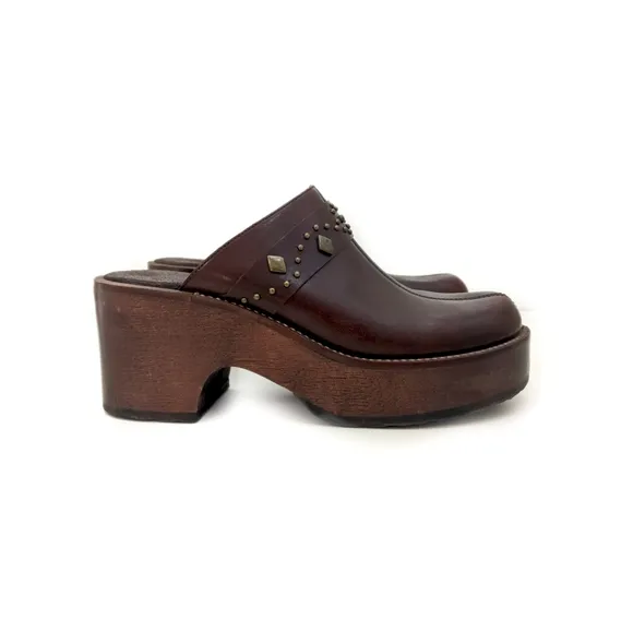 Brown Leather Chunky Wood Platform Studded Boho Clogs/Heels