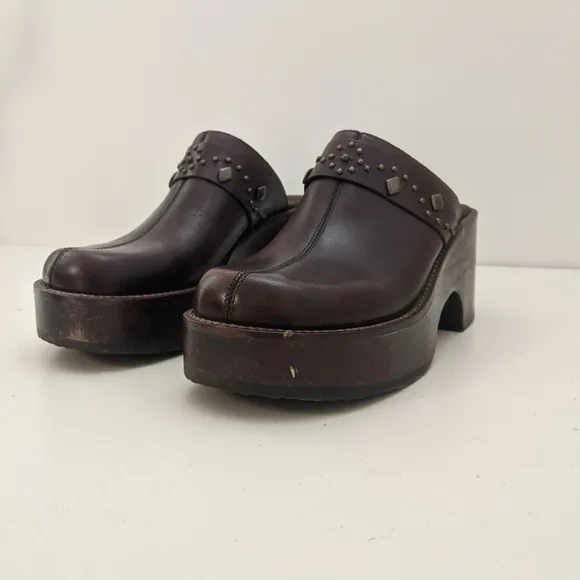 Brown Leather Chunky Wood Platform Studded Boho Clogs/Heels