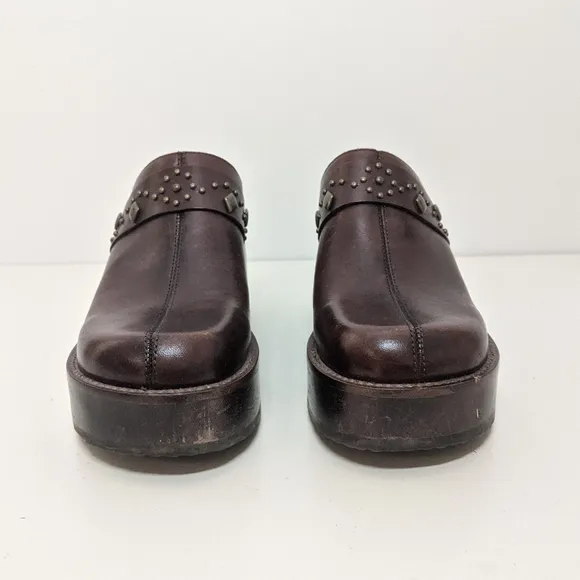 Brown Leather Chunky Wood Platform Studded Boho Clogs/Heels