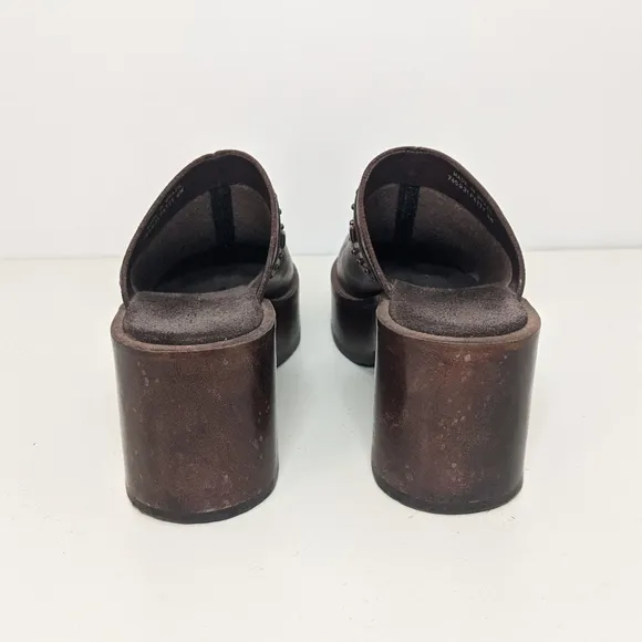 Brown Leather Chunky Wood Platform Studded Boho Clogs/Heels