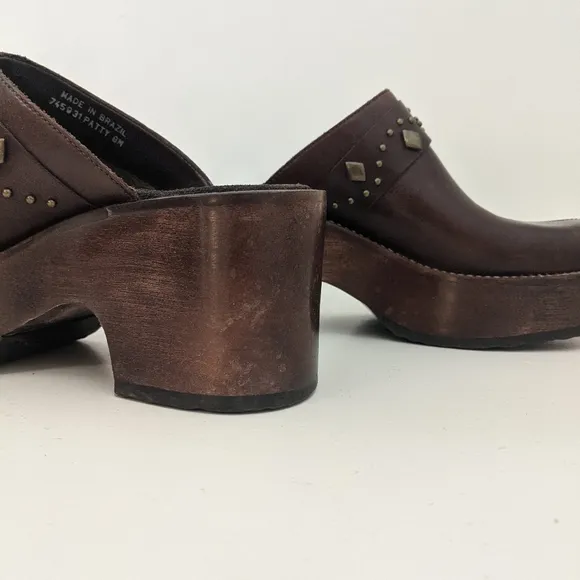 Brown Leather Chunky Wood Platform Studded Boho Clogs/Heels