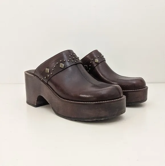 Brown Leather Chunky Wood Platform Studded Boho Clogs/Heels
