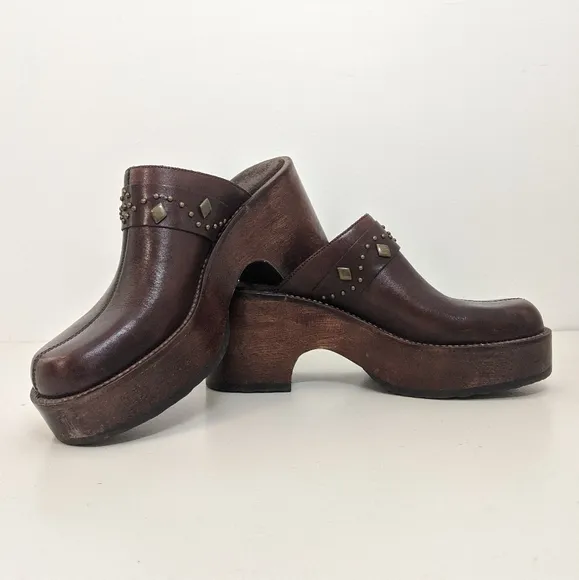 Brown Leather Chunky Wood Platform Studded Boho Clogs/Heels