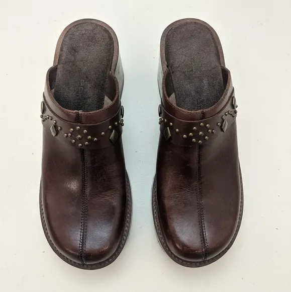 Brown Leather Chunky Wood Platform Studded Boho Clogs/Heels