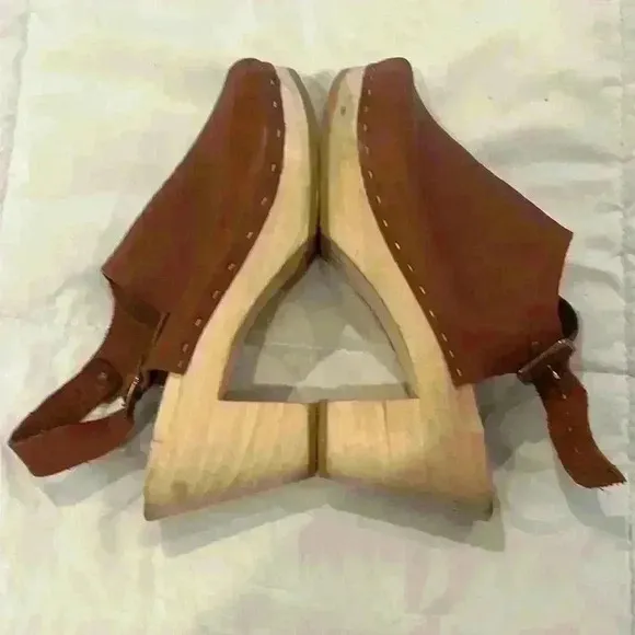 Bryr Suzie Spanish Open Toe Leather Slingback Wood Clogs EU39
