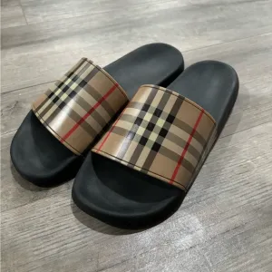 BURBERRY BEIGE CHECK LOGO FLIP FLOP FURLEY RUBBER SANDAL SLIDES