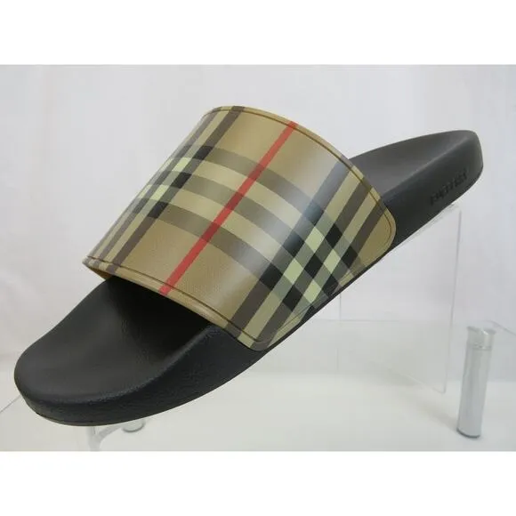 BURBERRY FURLEY BLACK RUBBER BEIGE VINTAGE IP CHECK LOGO SANDAL SLIDES 46 US 13