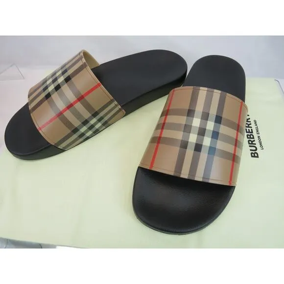 BURBERRY FURLEY BLACK RUBBER BEIGE VINTAGE IP CHECK LOGO SANDAL SLIDES 46 US 13