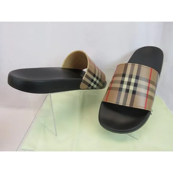 BURBERRY FURLEY BLACK RUBBER BEIGE VINTAGE IP CHECK LOGO SANDAL SLIDES 46 US 13