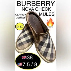 BURBERRY NOVA CHECK MULE/Slip On🔥Canvas/Leather🔥GUC/size 38🇬🇧 7.5-8🇺🇸WOW👀