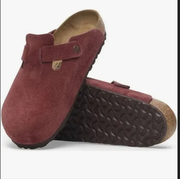 Burkenstocks Boston Red Suede Soft Foodbed Slip-On Clogs