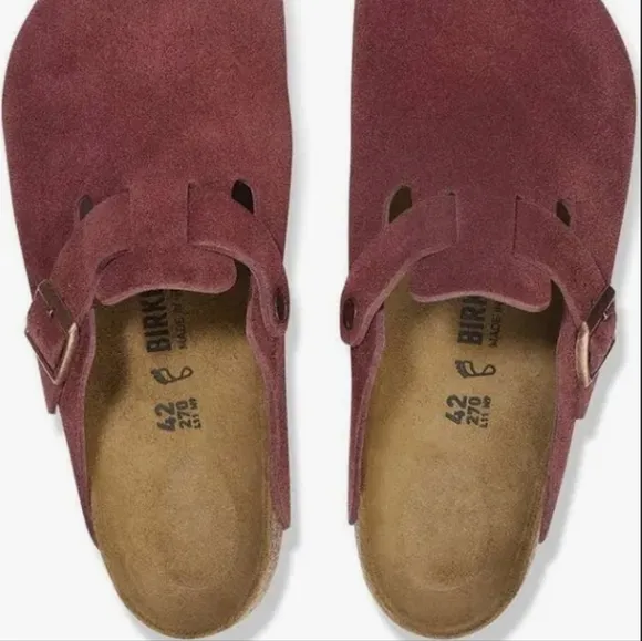 Burkenstocks Boston Red Suede Soft Foodbed Slip-On Clogs