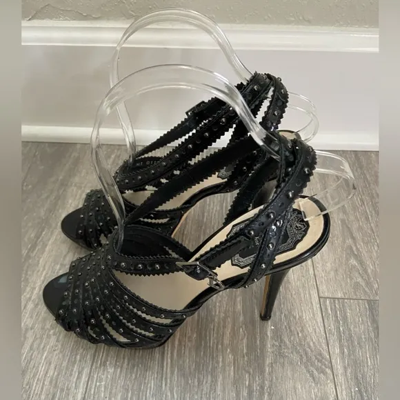 C. Dior Bonnie Black Leather Studded Open Toe Platform High Heels Size 38/ 7