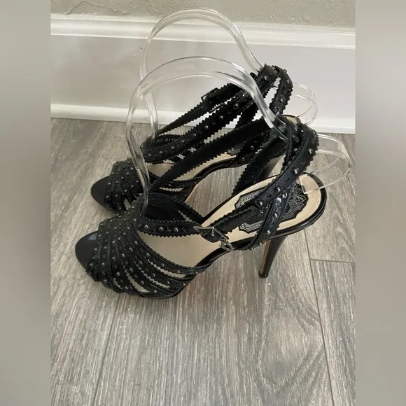 C. Dior Bonnie Black Leather Studded Open Toe Platform High Heels Size 38/ 7