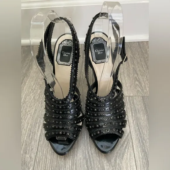C. Dior Bonnie Black Leather Studded Open Toe Platform High Heels Size 38/ 7