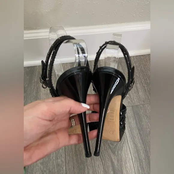 C. Dior Bonnie Black Leather Studded Open Toe Platform High Heels Size 38/ 7