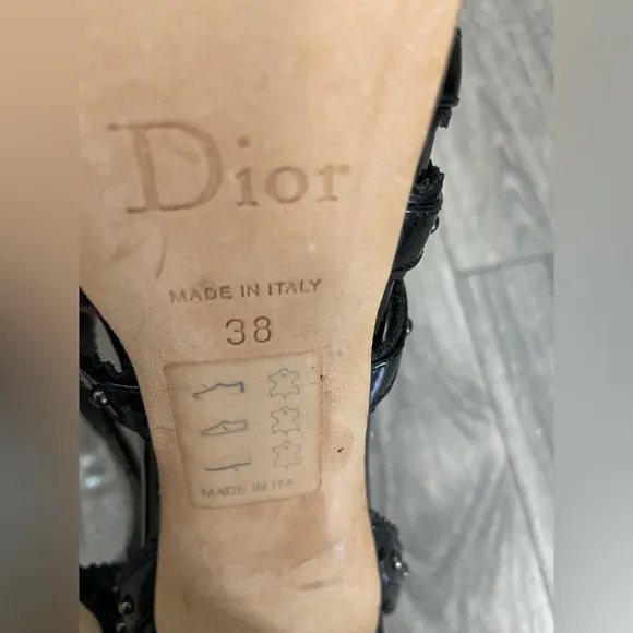 C. Dior Bonnie Black Leather Studded Open Toe Platform High Heels Size 38/ 7