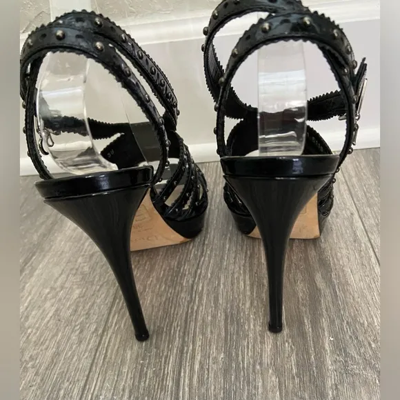 C. Dior Bonnie Black Leather Studded Open Toe Platform High Heels Size 38/ 7