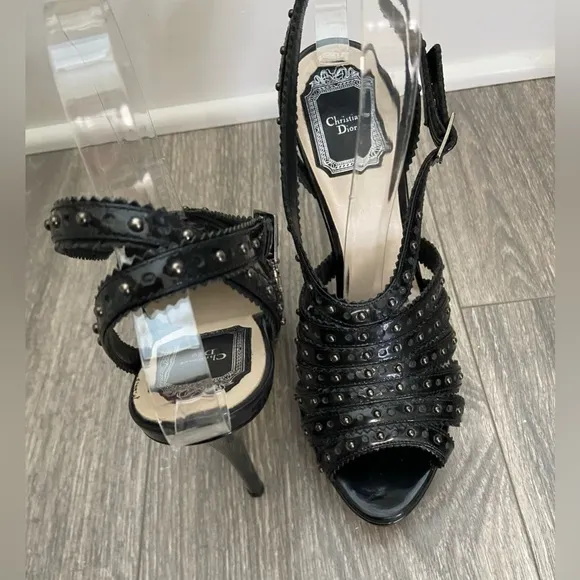 C. Dior Bonnie Black Leather Studded Open Toe Platform High Heels Size 38/ 7