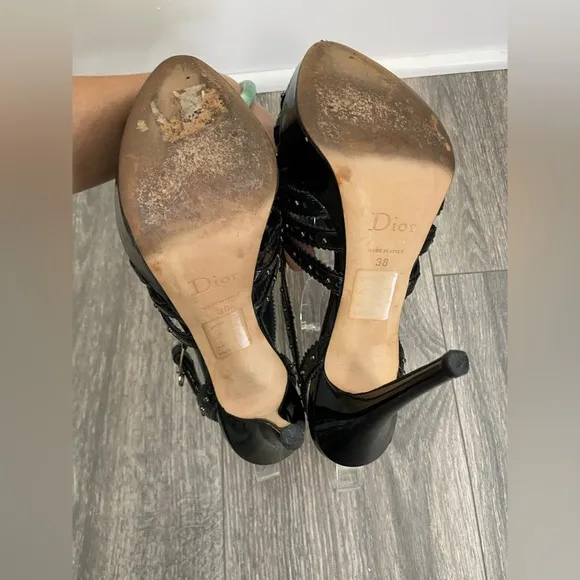 C. Dior Bonnie Black Leather Studded Open Toe Platform High Heels Size 38/ 7