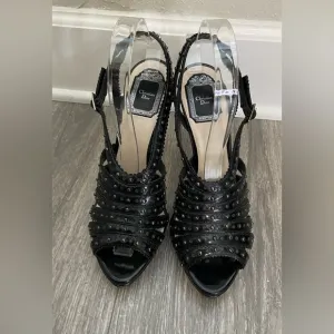 C. Dior Bonnie Black Leather Studded Open Toe Platform High Heels Size 38/ 7
