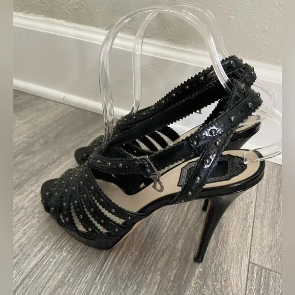 C. Dior Bonnie Black Leather Studded Open Toe Platform High Heels Size 38/ 7