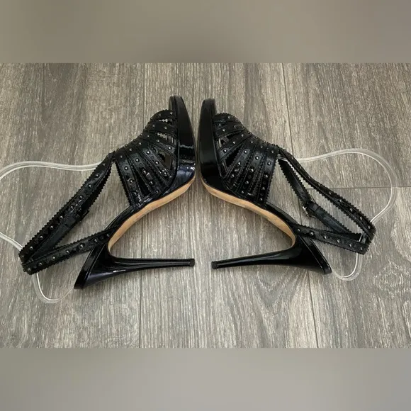 C. Dior Bonnie Black Leather Studded Open Toe Platform High Heels Size 38/ 7