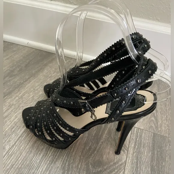 C. Dior Bonnie Black Leather Studded Open Toe Platform High Heels Size 38/ 7