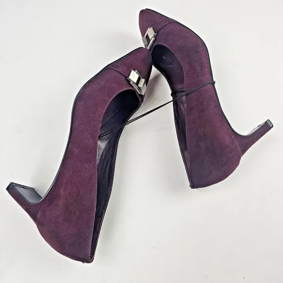 Calvin Klein Avita2-R Burgandy Suede Brass Buckle Slip On Heels Pumps 8M Classy