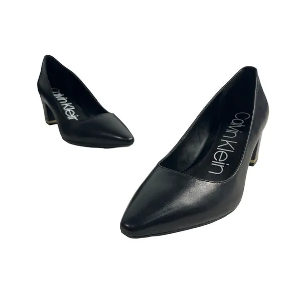 Calvin Klein Women's Black Leather Nita Kid Skin Block Heels Sz 9.5 - NWB