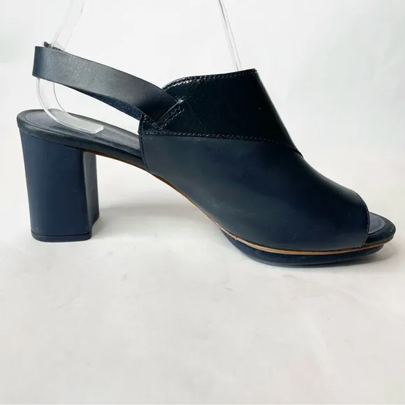 Camper Chunky Heel Leather Twins Navy Open Toe Slingback Heel