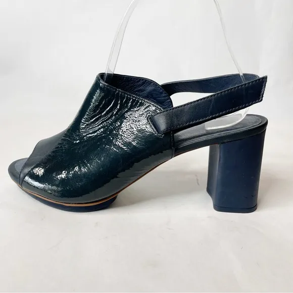 Camper Chunky Heel Leather Twins Navy Open Toe Slingback Heel